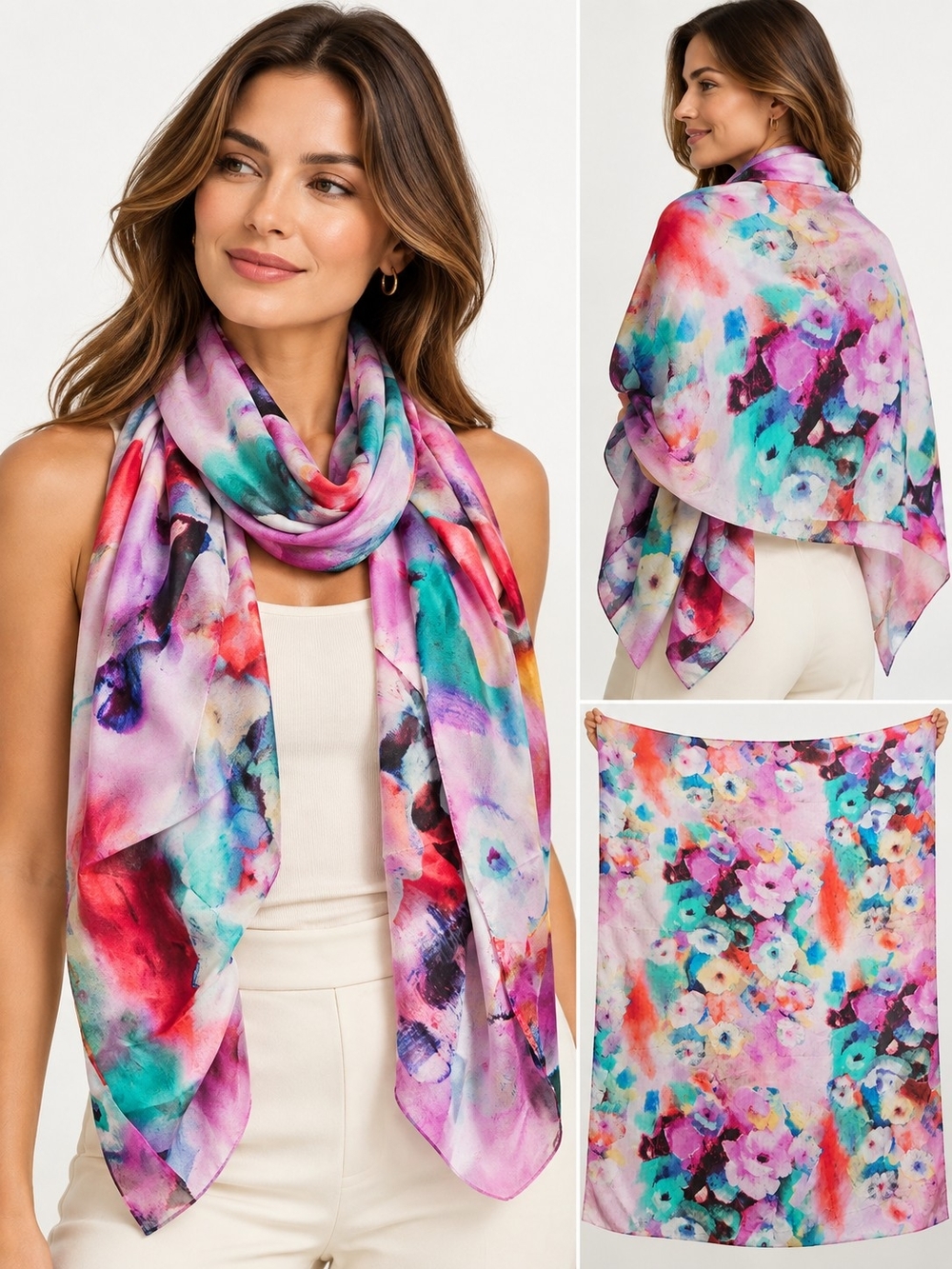 Sichdev 100% Silk Oversized Watercolor Floral Scarf Pink Multicolor NWT